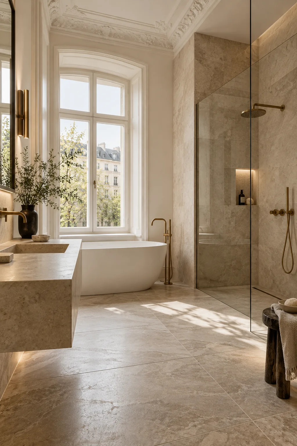 KI-Visualisierung (Symbolbild): helles Altbau-Bad mit Steinfliesen, freistehender Badewanne, Glasdusche und Armaturen in Messing